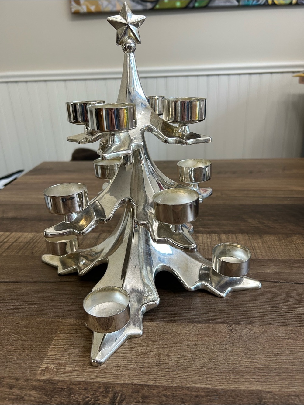 Vintage Pottery Barn Silver Chrome Holiday Tree Candelabra Tealight Holder